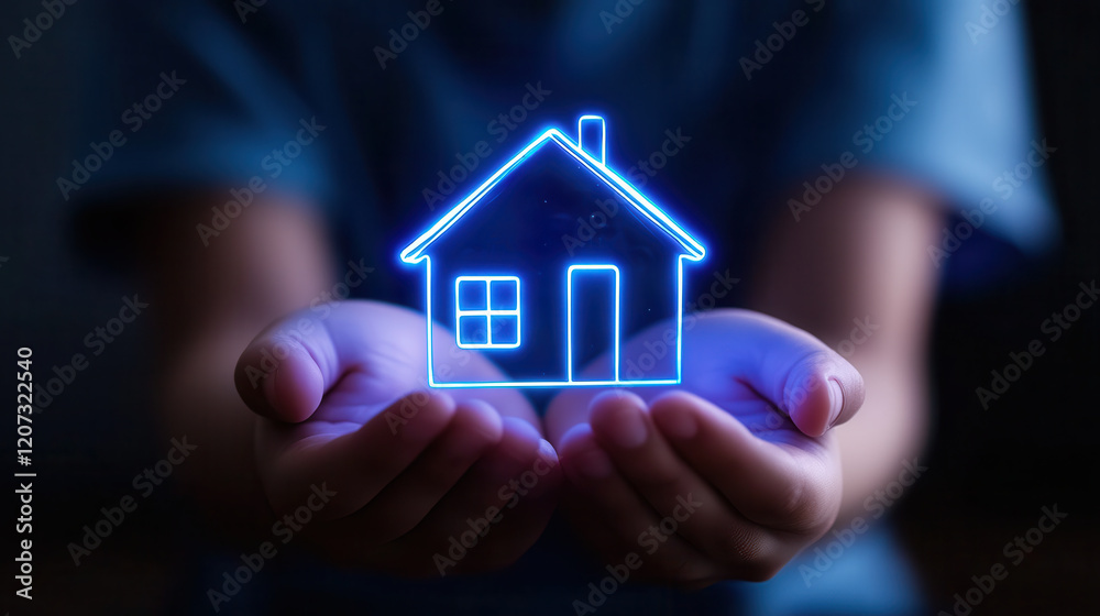 glowing house model resting in cupped hands symbolizes care and protection glowing house model resting in cupped hands symbolizes care and protection