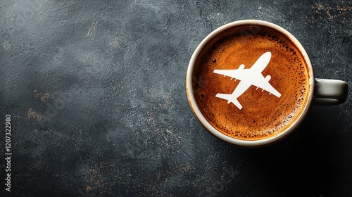A cappuccino coffee cup topped with plane powder decoration on a neutral studio background
