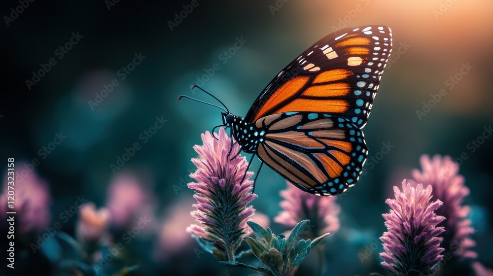 Fototapeta premium Monarch Butterfly on Lavender Bloom in a Mystical Garden