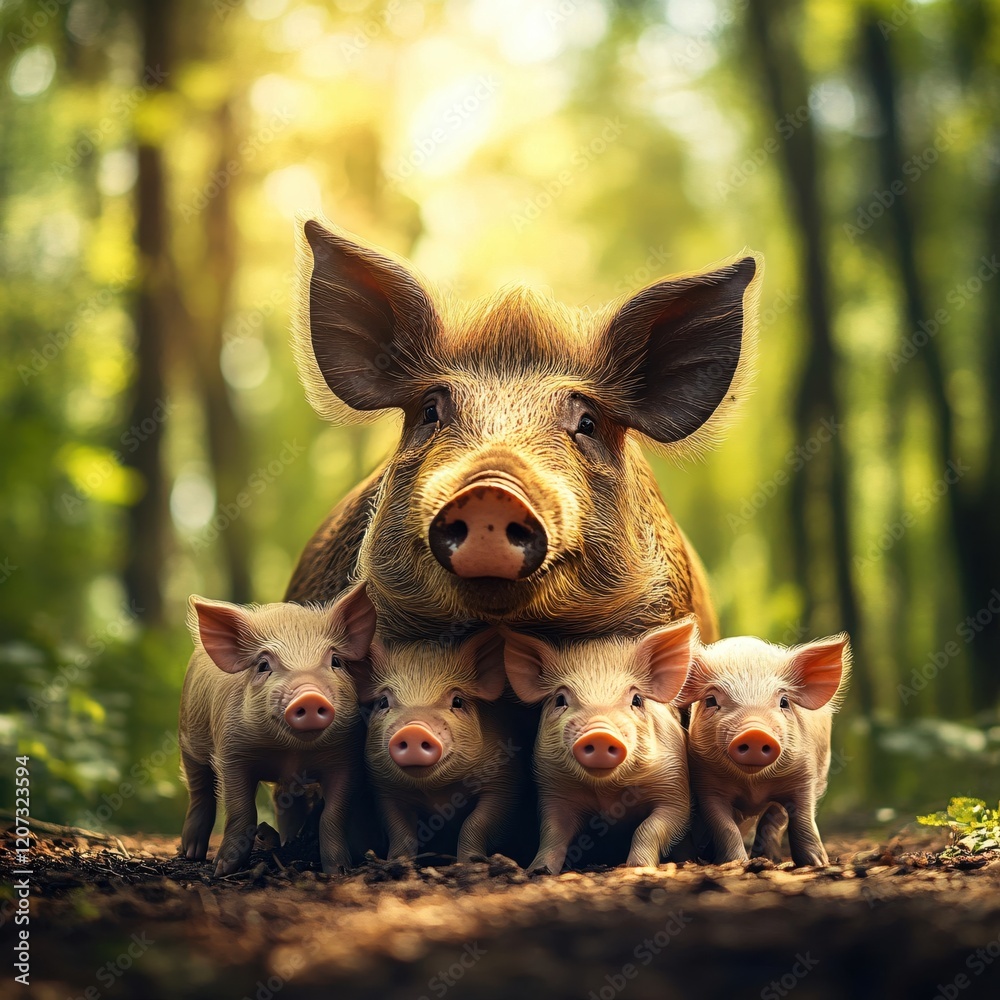 Mother Pig and Three Piglets in a Sunny Forest Setting Mother Pig and Three Piglets in a Sunny Forest Setting