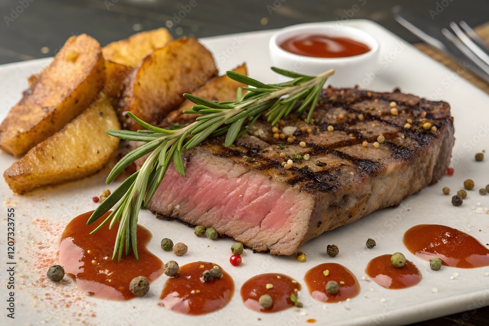 Grilled beef steak with herb and spices. Portion of fried meat cuts with rosemary, garlic, olive oil and ketchup sauce Grilled beef steak with herb and spices. Portion of fried meat cuts with rosemary, garlic, olive oil and ketchup sauce