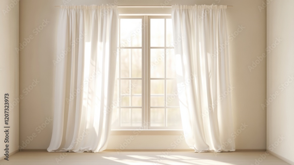 Fototapeta premium A pair of clean, white curtains hanging neatly on a window, with sunlight streaming through, casting a warm and inviting glow in the room.