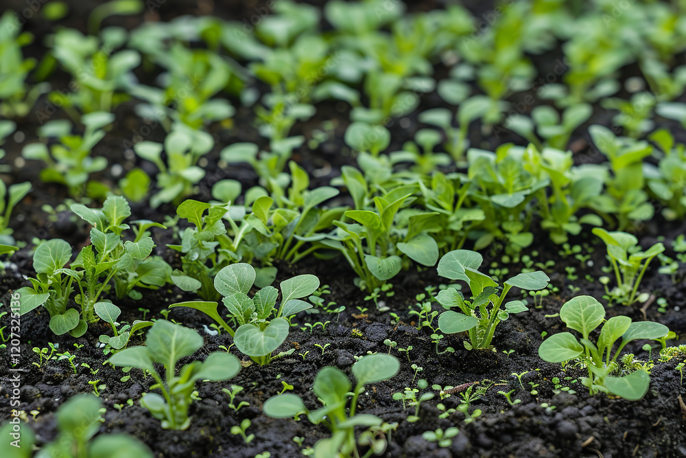 A row of small plants are in a black container. Young seedlings in plastic cells - a symbol of life and growth. A row of small plants are in a black container. Young seedlings in plastic cells - a symbol of life and growth.