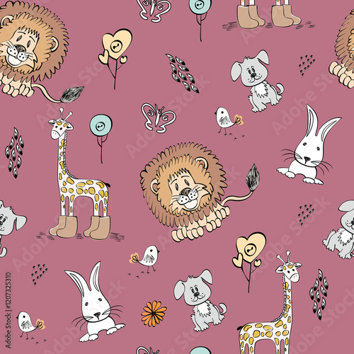seamless pattern. funny animals, animals, flowers, hearts, giraffe, bear, lion, hedgehog. cartoon characters.