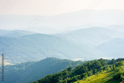 Obraz na płótnie beautiful view of mountain landscape in summer. vacation season. green hill rolling in to the distance in evening light. lush forest on the slope w salonie