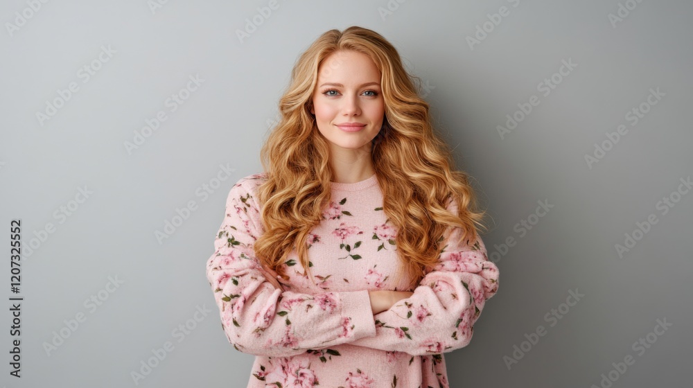 Young woman with long curly hair wearing pink floral sweater poses confidently against gray wall Young woman with long curly hair wearing pink floral sweater poses confidently against gray wall