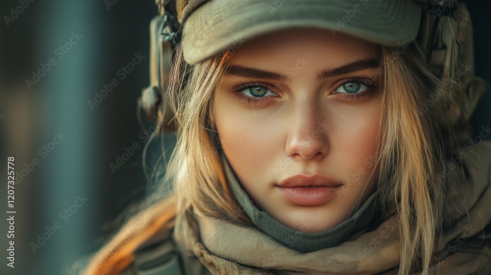 Young woman in military uniform ready for action. Represents bravery, protection, and service to the country. Young woman in military uniform ready for action. Represents bravery, protection, and service to the country.