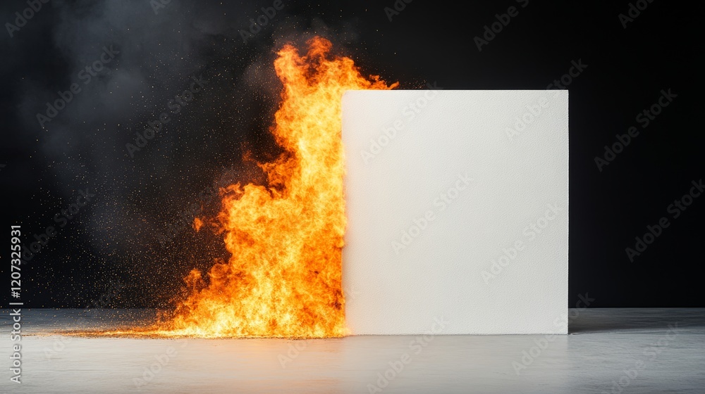 Fototapeta premium Abstract Representation of Fire Erupting from One Side of a Blank Square Panel in a Dark Studio Environment, Symbolizing Destruction and Creation