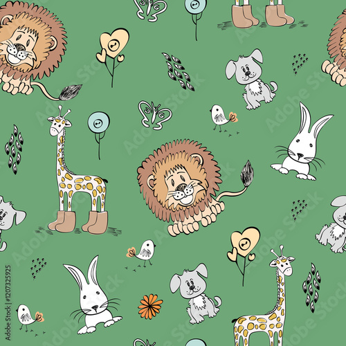 seamless pattern. funny animals, animals, flowers, hearts, giraffe, bear, lion, hedgehog. cartoon characters.