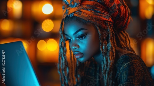 A young woman is immersed in her work at a laptop, showcasing her colorful headwrap. The warm lights create a cozy atmosphere in the evening setting