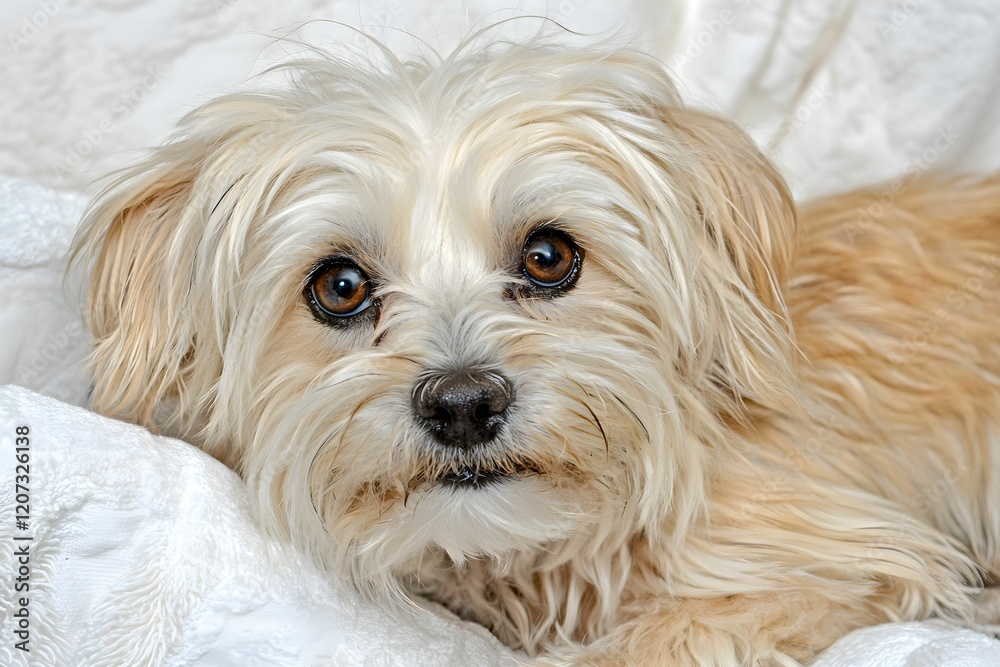 Adorable small dog relaxing on soft blanket Adorable small dog relaxing on soft blanket