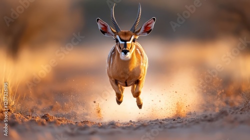 An antelope leaps gracefully across a sandy terrain, showcasing its agility and beauty, set against a warm, blurred background that enhances its motion.