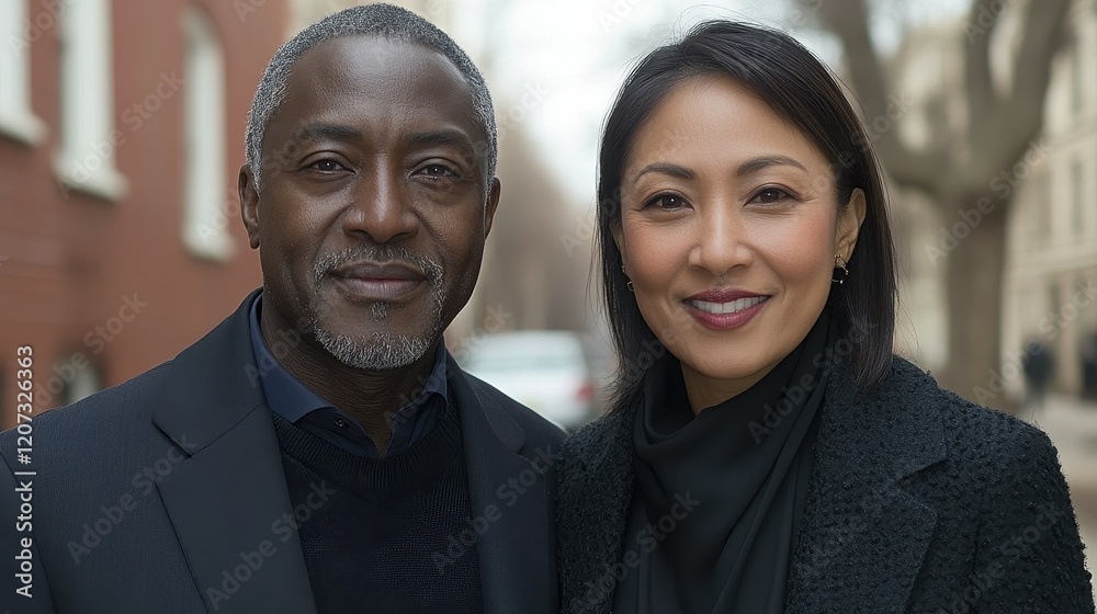 A man and woman stand close together in an urban environment, both smiling warmly at the camera. The backdrop features brick buildings and tree branches, suggesting a lively city A man and woman stand close together in an urban environment, both smiling warmly at the camera. The backdrop features brick buildings and tree branches, suggesting a lively city