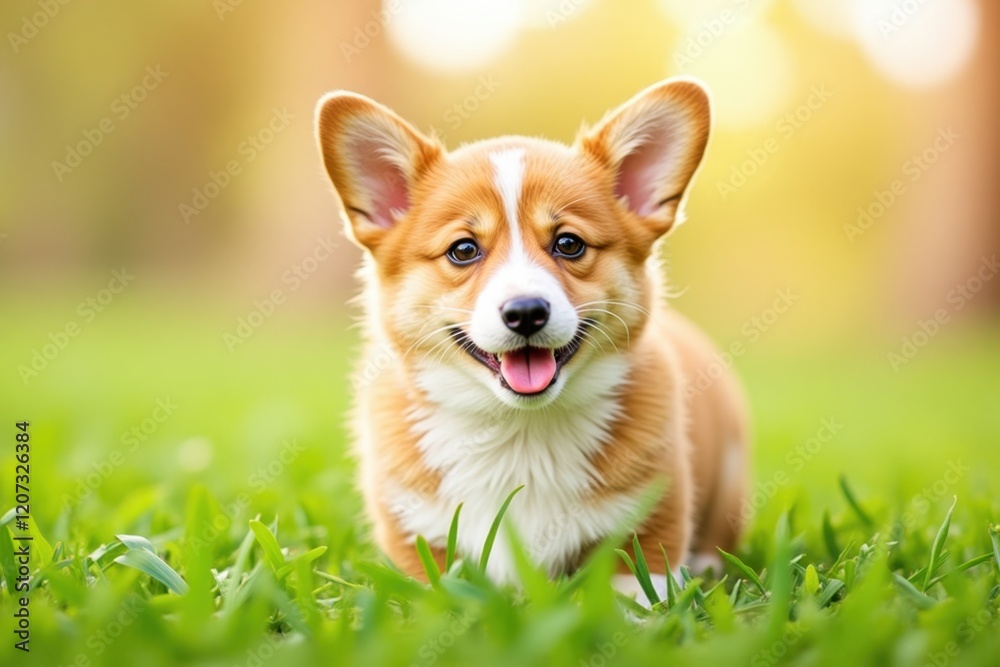 A small, fluffy corgi sits on a grassy field, looking curiously at the camera. Bright sunlight shines down, creating a warm and cheerful atmosphere around it A small, fluffy corgi sits on a grassy field, looking curiously at the camera. Bright sunlight shines down, creating a warm and cheerful atmosphere around it