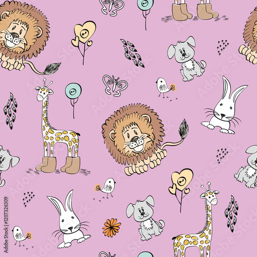 seamless pattern. funny animals, animals, flowers, hearts, giraffe, bear, lion, hedgehog. cartoon characters.