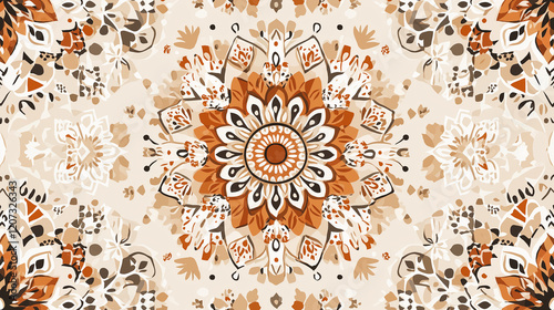 A seamless boho chic mandala pattern featuring intricate geometric designs and soft earthy tones. The mandalas are highly detailed with a hand-drawn feel, creating a calming and spiritual atmosphere.