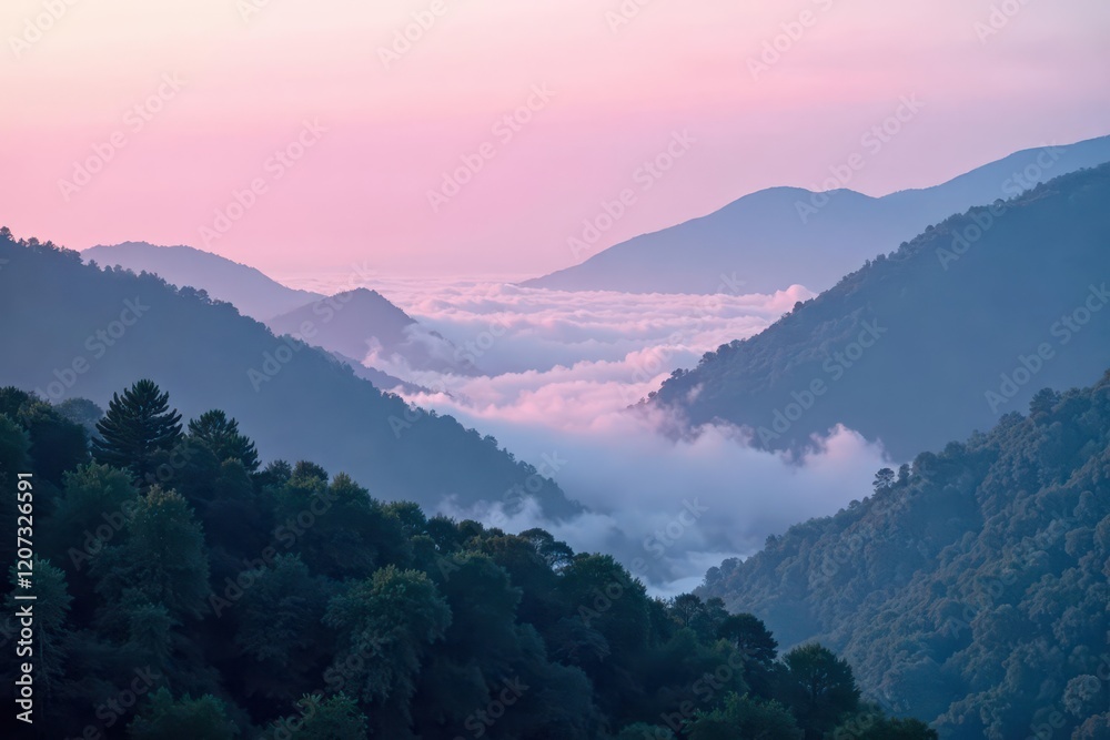 Obraz premium Soft pink mist swirls amidst dark greens and blues, vapor, fog, landscape