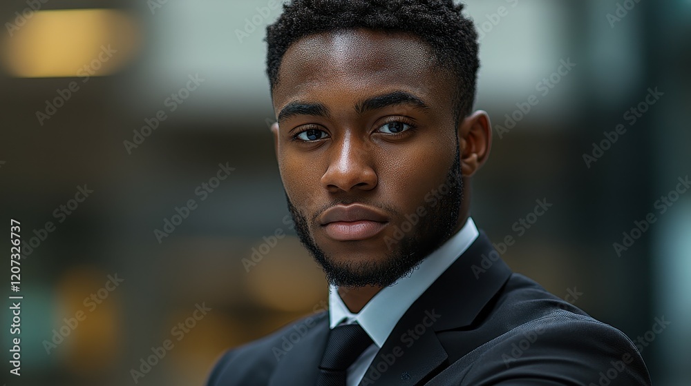 Fototapeta premium A young man dressed in a tailored suit stands confidently in a modern urban environment. His focused expression reflects professionalism and determination, ideal for business