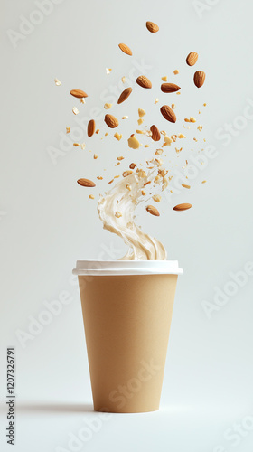A cup of coffee with alternative plant almond milk. Healthy eating concept, vegetarianism. Isolated.