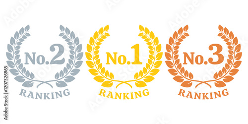 Ranking set with with laurel wreath. No. 1, No. 2. No. 3 rank icon. First, second and third place emblem. Best choice labels. Vector illustration.
