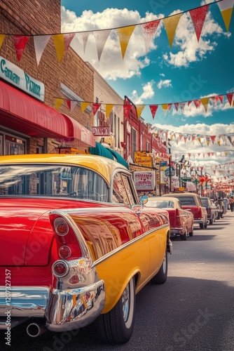 Classic car in vibrant yellow and red parked on a festive street lined with colorful bunting and vintage shops, capturing nostalgia and Americana vibes. photo