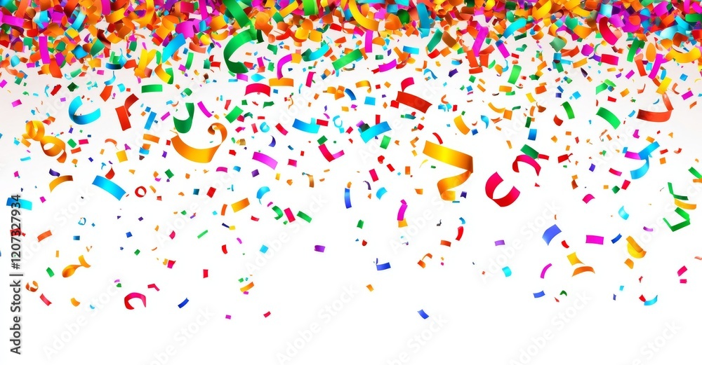 A cheerful scene of confetti and streamers in various colors, bursting against a white background, great for celebrations, parties, and festive occasions A cheerful scene of confetti and streamers in various colors, bursting against a white background, great for celebrations, parties, and festive occasions
