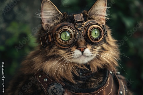 Cat wearing vintage steampunk goggles and leather harness, posing in a lush garden setting, blending whimsy with fantasy and charming aesthetics in pet photography. photo