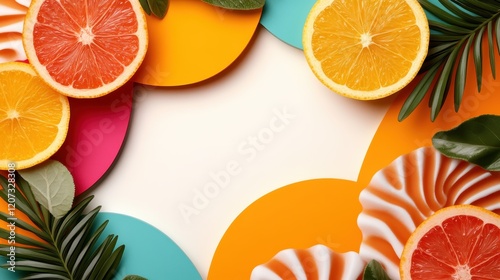 A creative layout of citrus fruits enhanced by colorful circles, showcasing a blend of artistic design and vibrant elements, perfect for eye-catching decor. photo