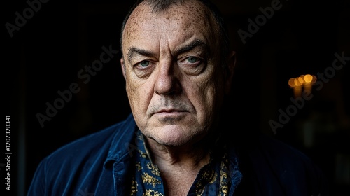 A middle-aged man stares intently at the camera with a serious expression. The soft lighting highlights his features, creating a mood of contemplation and depth in a darkened room photo