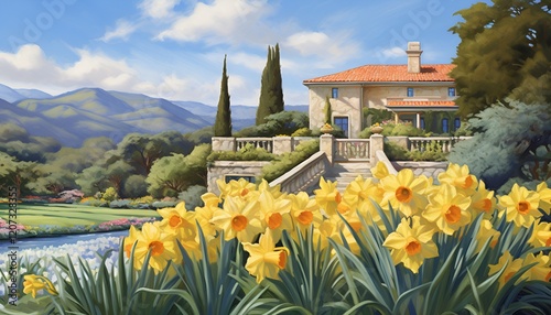 Wallpaper Mural Blooming yellow daffodils in a lush spring garden with a soft blue sky above Torontodigital.ca