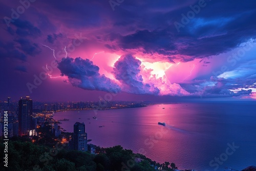 Dramatic storm scene with vibrant lightning illuminating the clouds over a city coastline. The colorful sunset reflects on the ocean, showcasing the skyline. photo