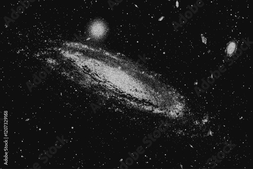 Vintage stippled background of deep space universe with stars and planets. Milky way, galaxy, nebula in abstract experimental pointillism style