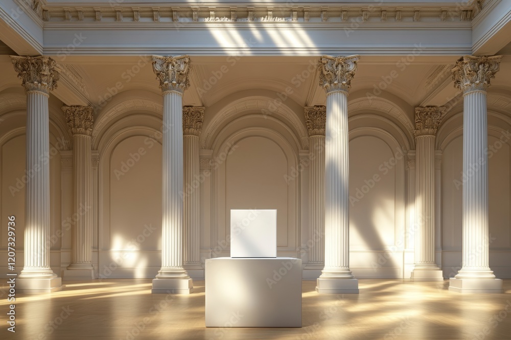 Naklejka premium A room illuminated by sunlight, containing a cube with misty gold walls and a gleaming floor