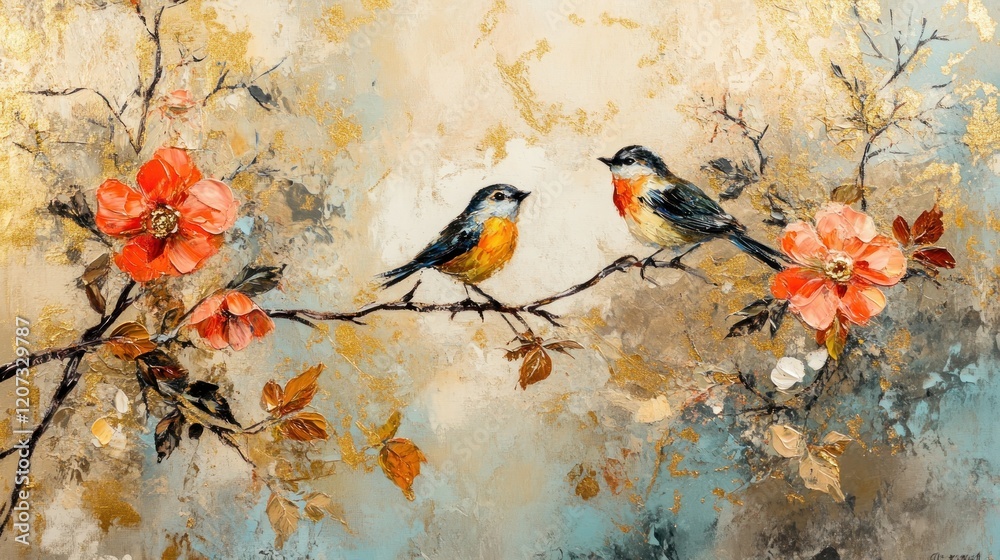 Fototapeta Two birds perched on branch, floral background, wall art