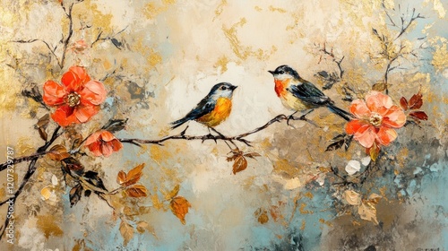 Two birds perched on branch, floral background, wall art photo