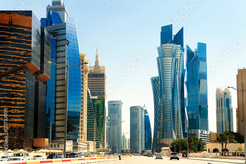 Central Doha, Qatar. Iconic high rise on Majlis Al Taawon St. include Golden Bay Tower, Palm Twin Tower and Islamic Bank Tower