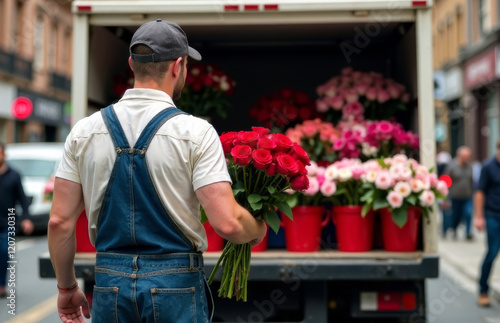 Man in uniform delivering roses flowers by truck. Valentine Day. Online shopping in florist shop