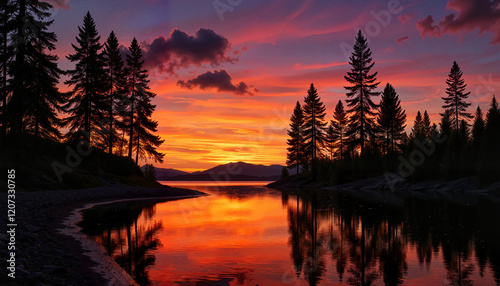 Sunset behind tall pine trees with glowing orange and purple sky in a peaceful lakeside setting at dusk