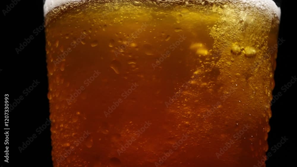 Macro slow motion of golden beer pouring into glass, foam rising with intricate swirling patterns, bubbles shimmer and sparkle Macro slow motion of golden beer pouring into glass, foam rising with intricate swirling patterns, bubbles shimmer and sparkle