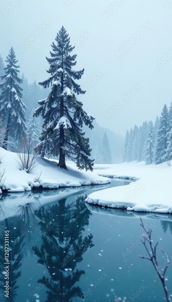 Fototapeta premium Frozen lake with isolated pine tree amidst snowstorm, cold winter scene, wintry atmosphere, snowy woods
