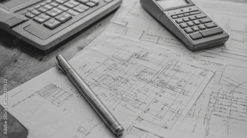 Top view of blueprints, calculators, and pen on a wooden desk. Top view of blueprints, calculators, and pen on a wooden desk.