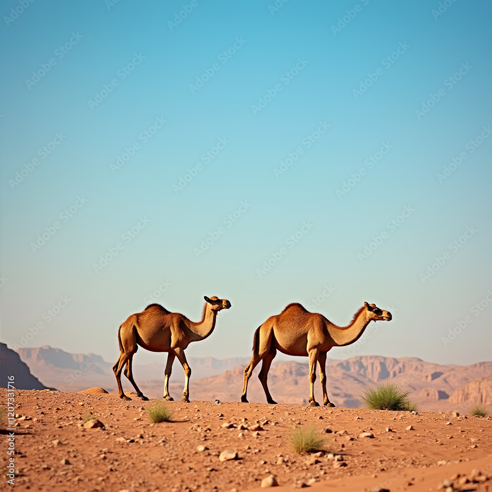 Deux Chameaux sous un Ciel Bleu Clair dans le Désert de Wadi Rum Deux Chameaux sous un Ciel Bleu Clair dans le Désert de Wadi Rum