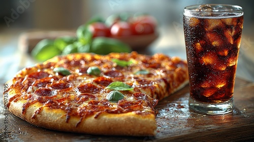 A fast food advertisement-style photo showcasing a pizza slice and coke with ice from a gas station