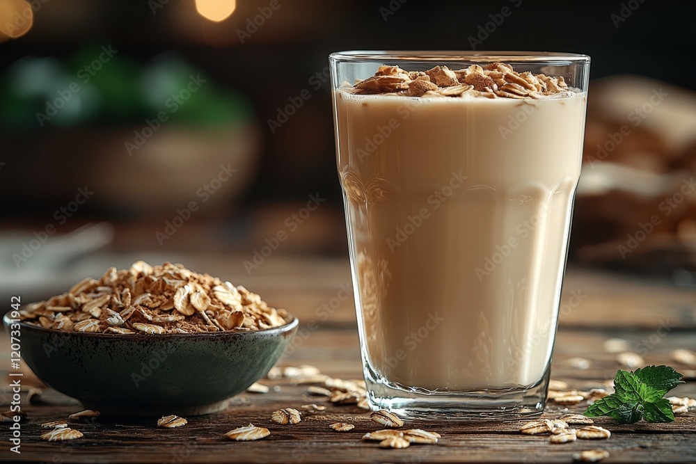 White background featuring a glass of oat drink and cereal flakes White background featuring a glass of oat drink and cereal flakes