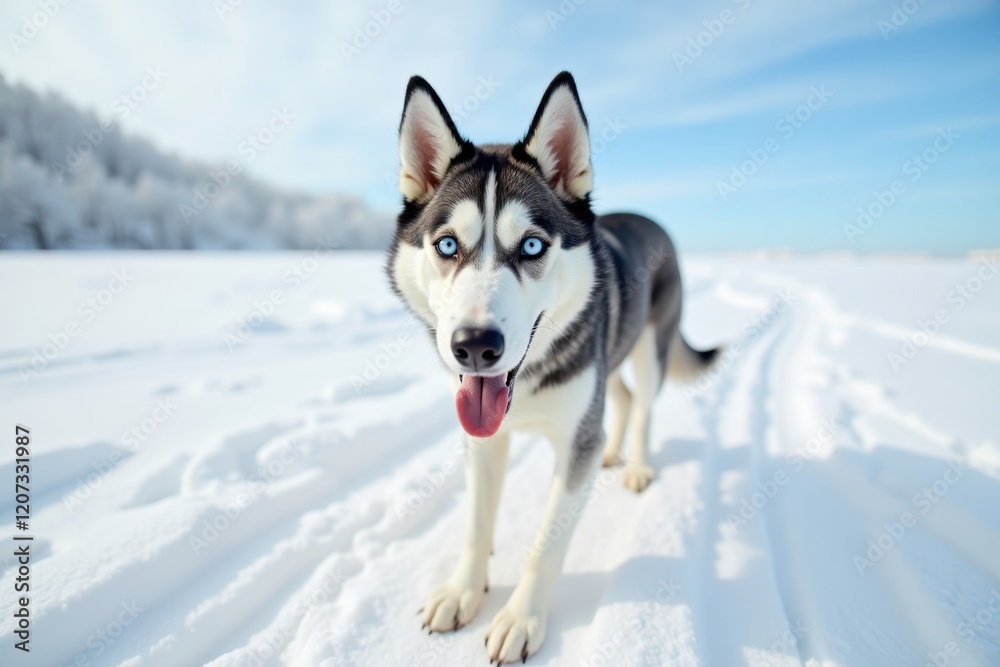 A sleek Siberian husky stands proudly on a snowy landscape, its striking blue eyes shining in the sunlight. The white snow and clear sky create a beautiful winter scene A sleek Siberian husky stands proudly on a snowy landscape, its striking blue eyes shining in the sunlight. The white snow and clear sky create a beautiful winter scene