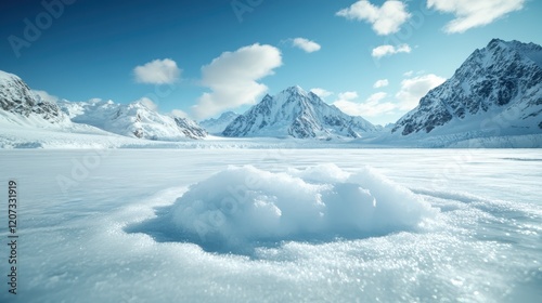 A pristine ice lake reflecting majestic mountain peaks, enveloped by a clear blue sky, showcasing the serene, untouched beauty of nature in winter's embrace. photo