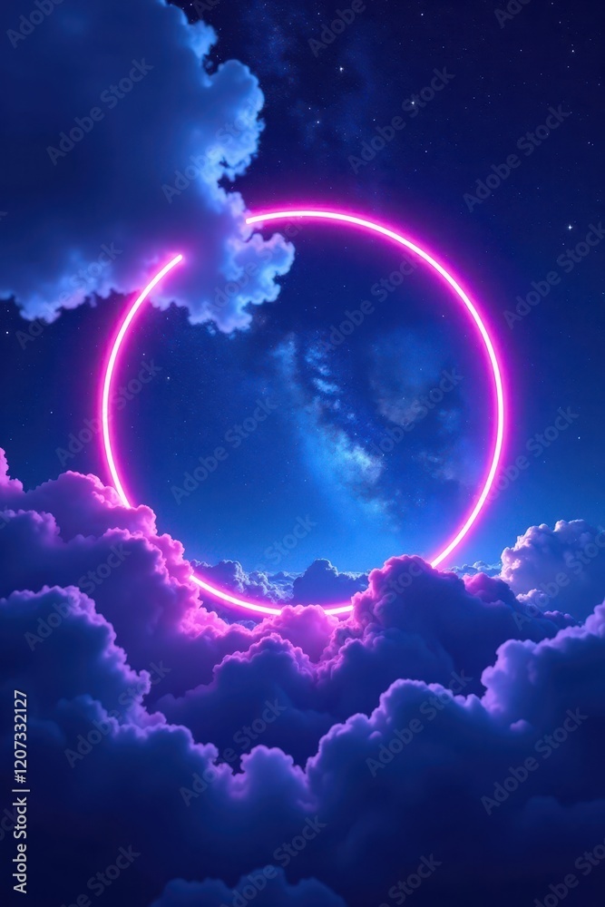 Obraz premium Glowing neon rings in the darkening sky with blue and purple wispy clouds, blue, universe, astronomy