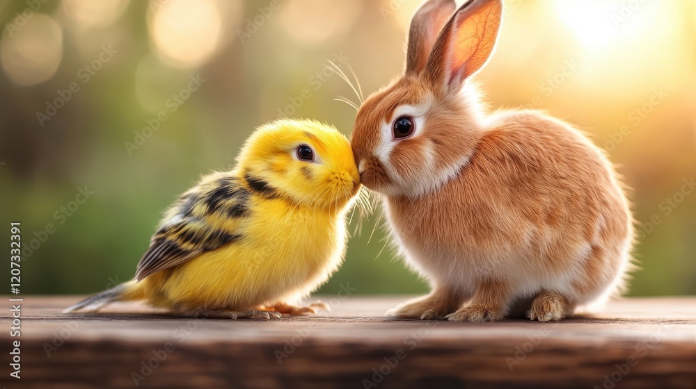 This heartwarming image captures a yellow chick and a brown rabbit sharing a gentle kiss, symbolizing tenderness, affection, and the beauty of interspecies friendship in nature.