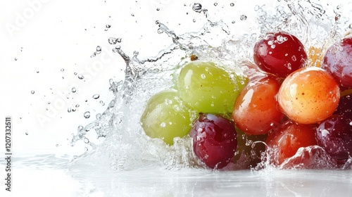 A dynamic image showcasing colorful grapes splashing into water, highlighting the freshness and vitality of fruits in a visually captivating manner. photo