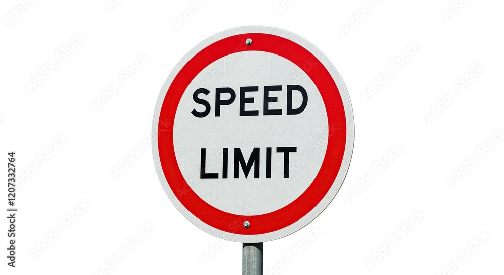 Speed Limit Road Sign Isolated - High Resolution Traffic Sign with Reflective Surface and Metal Pole on White Background. Speed Limit Road Sign Isolated - High Resolution Traffic Sign with Reflective Surface and Metal Pole on White Background.